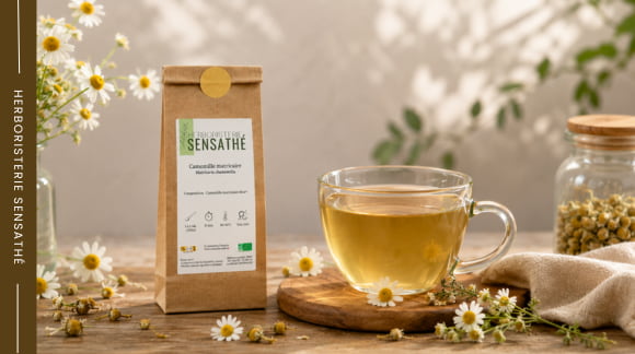 Préparation d'une tisane maison de camomille avec infusion de plantes médicinales et sachet de camomille Sensathé - Herboristerie Sensathé